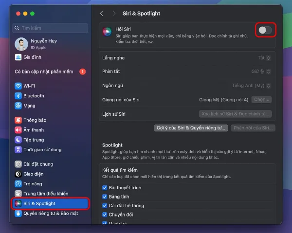 Tắt Hỏi Siri trong phần cài đặt Siri & Spotlight trên MacBook