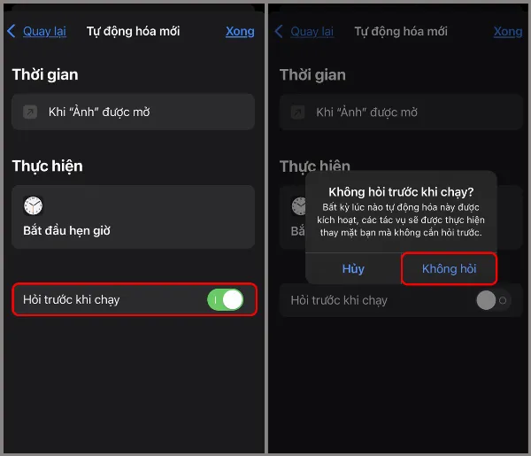 Tắt Hỏi trước khi chạy và xác nhận Không hỏi.