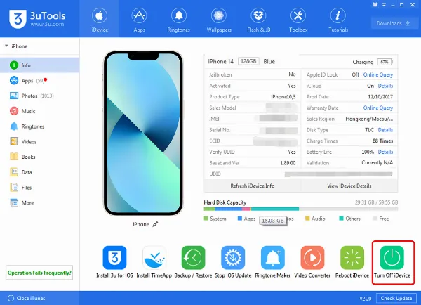 Tắt nguồn iPhone bằng 3uTools