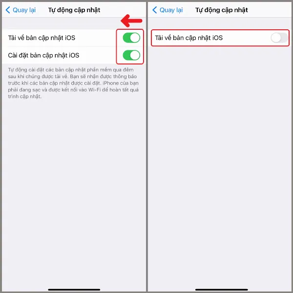 Tắt Tải về bản cập nhật iOS và Cài đặt bản cập nhật iOS
