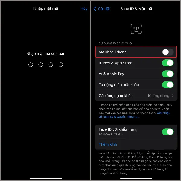 Tắt tính năng mở khoá iPhone bằng Face ID