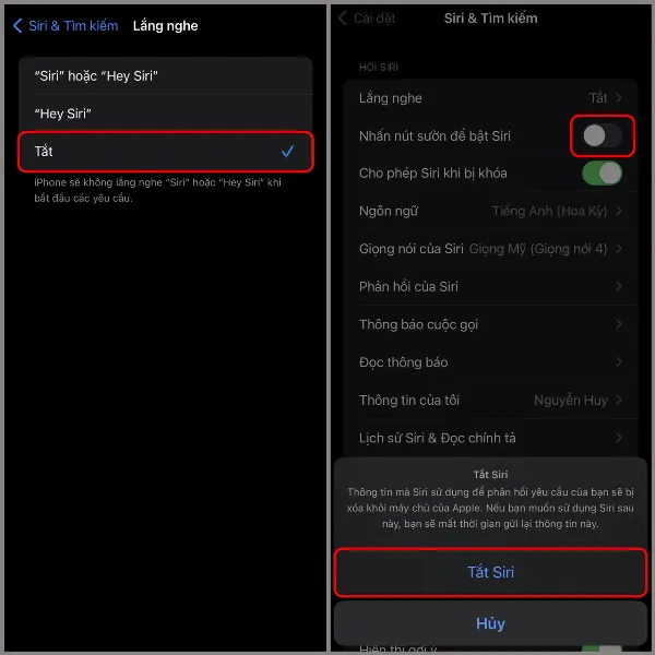 Tắt tính năng Nhấn nút sườn để bật Siri và thông báo xác nhận Tắt Siri