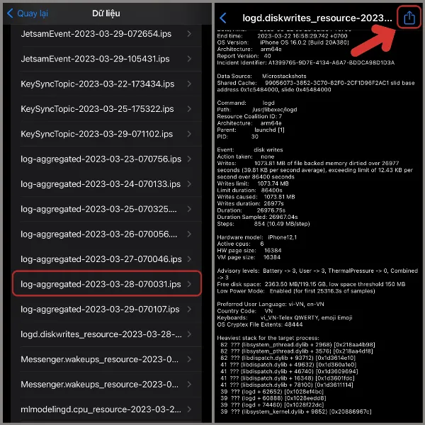 Tệp tin log-aggregated đang mở với biểu tượng Chia sẻ được tô sáng