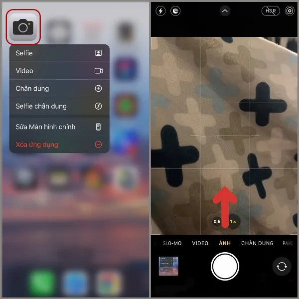Thanh công cụ tùy chọn trên camera iPhone được hiển thị sau khi người dùng vuốt màn hình từ dưới lên