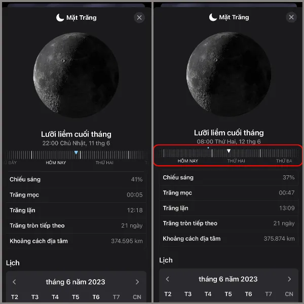 Thanh trượt thời gian cho phép xem thông tin mặt trăng theo giờ trong ứng dụng Thời tiết trên iOS 17