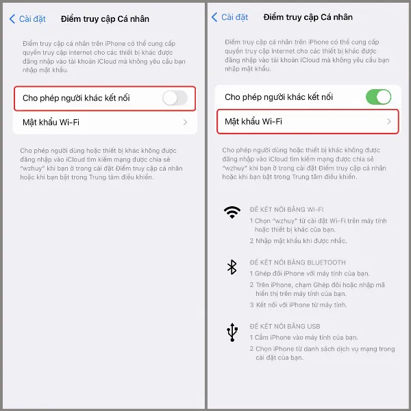 Thao tác bật Cho phép người khác kết nối trong Điểm truy cập cá nhân của iPhone 14 Plus