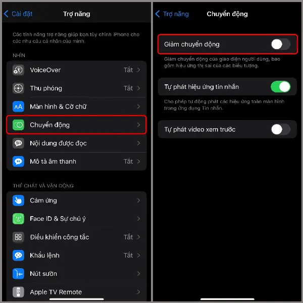 Thao tác bật Giảm chuyển động trong phần Cài đặt của iPhone