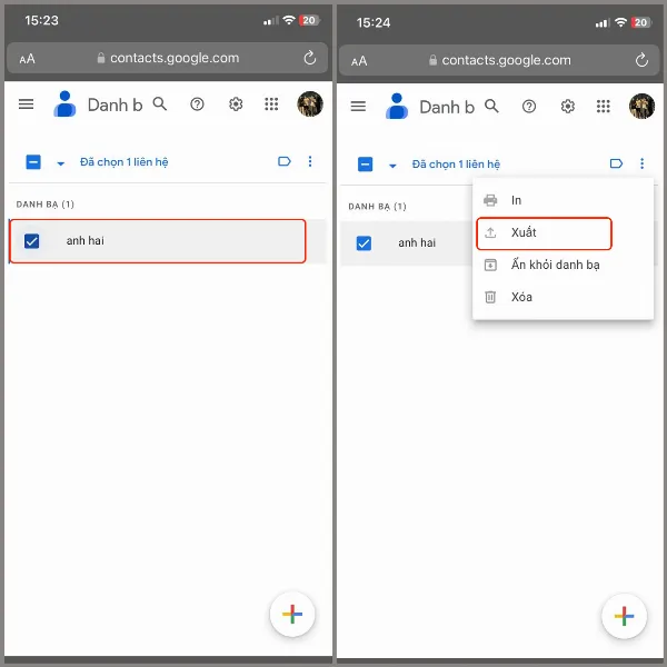 Thao tác chọn liên hệ và chọn nút ba chấm để hiển thị menu tùy chọn
