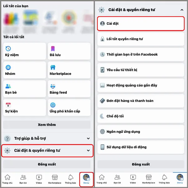Không up được video lên Facebook phải làm sao? 10 cách sửa lỗi đơn giản mà hiệu quả bất ngờ 5 Thao tác chọn Menu trên thanh công cụ, sau đó chọn Cài đặt & quyền riêng tư và nhấn Cài đặt
