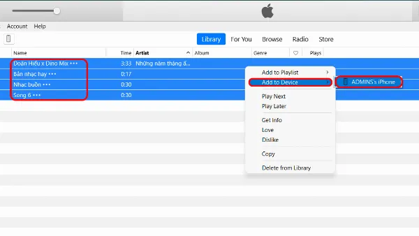 Thao tác chọn nhiều bài hát cùng lúc để thêm vào iPhone thông qua iTunes