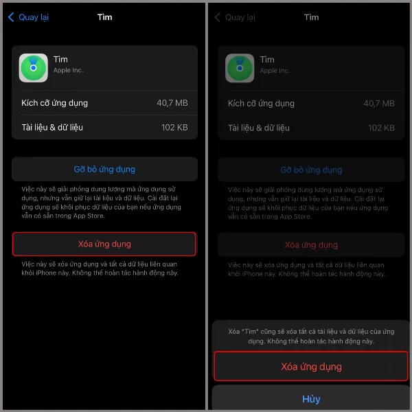 Thao tác chọn Xóa ứng dụng hai lần để xác nhận xóa trong phần Cài đặt