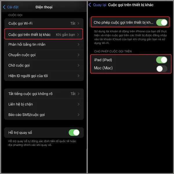 Thao tác gạt nút bật hoặc tắt chức năng cho phép cuộc gọi trên thiết bị khác trong phần cài đặt đồng bộ cuộc gọi của iPhone