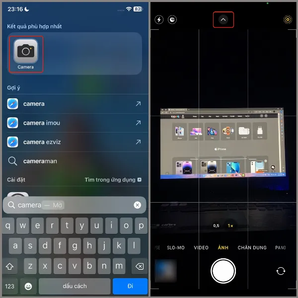 Thao tác mở menu tùy chỉnh trong ứng dụng Camera trên iPhone, hiển thị các biểu tượng và tùy chọn khác nhau, bao gồm cả chế độ Night Mode