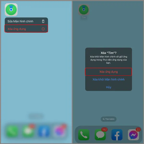 Thao tác nhấn giữ vào ứng dụng muốn xóa và chọn Xóa ứng dụng từ màn hình chính iPhone
