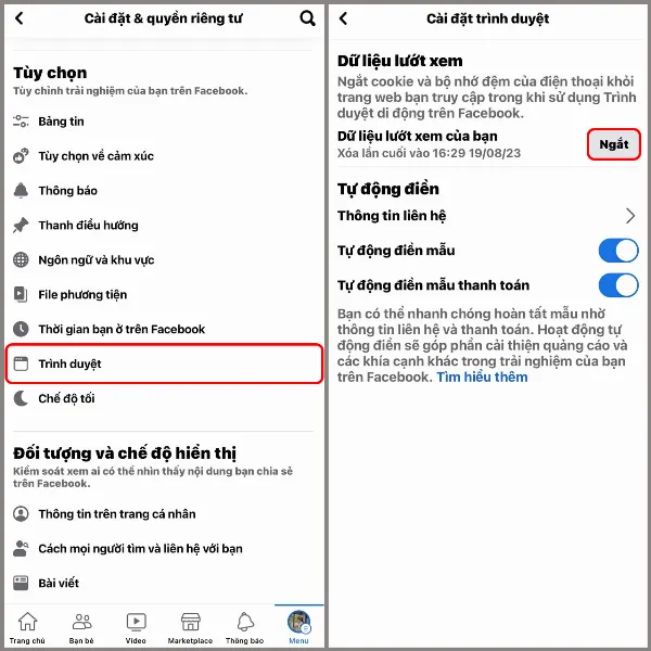Không up được video lên Facebook phải làm sao? 10 cách sửa lỗi đơn giản mà hiệu quả bất ngờ 6 Thao tác nhấn vào Trình duyệt, sau đó chọn Ngắt dữ liệu lướt xem