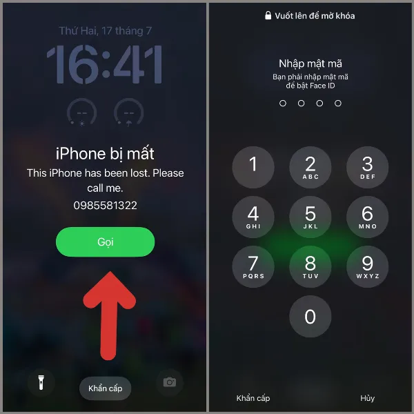 Thao tác nhập mật khẩu trên màn hình khóa của iPhone