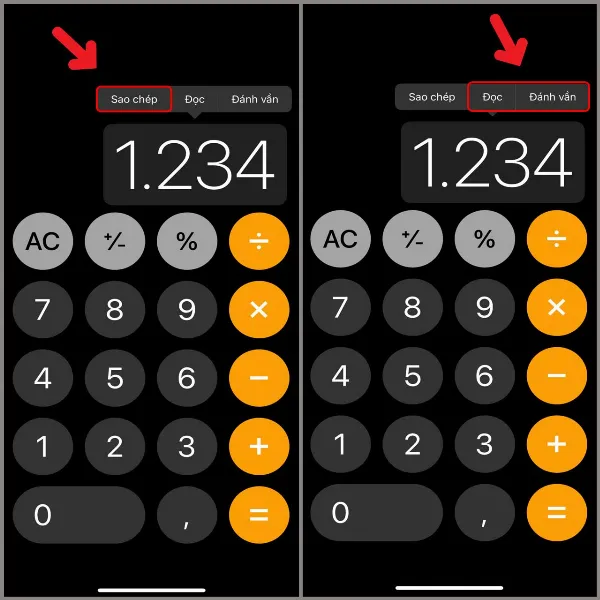 Thao tác sao chép và dán kết quả trên ứng dụng máy tính iPhone