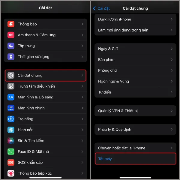 Thao tác tắt nguồn iPhone trong phần Cài đặt