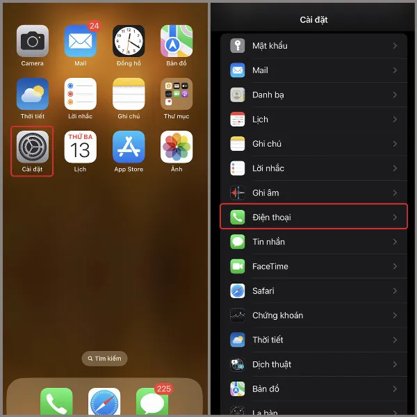 Thao tác truy cập vào phần cài đặt điện thoại trong ứng dụng Cài đặt hệ thống của iPhone