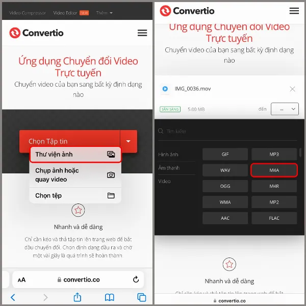 Không up được video lên Facebook phải làm sao? 10 cách sửa lỗi đơn giản mà hiệu quả bất ngờ 8 Thao tác truy cập vào trang web Convertio, sau đó chọn Tập tin, Thư viện ảnh và chọn định dạng muốn chuyển đổi