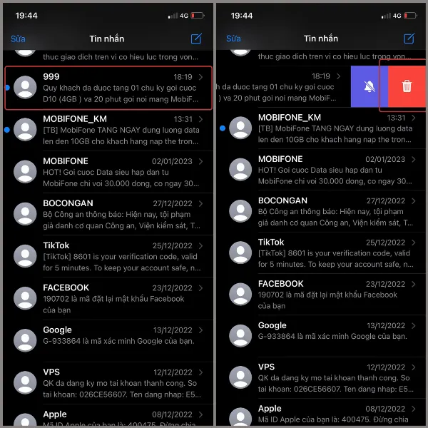 Thao tác vuốt sang trái để xóa tin nhắn trên iPhone
