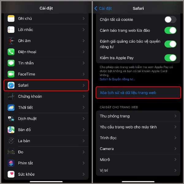 Thao tác xóa lịch sử và dữ liệu trang web trên Safari