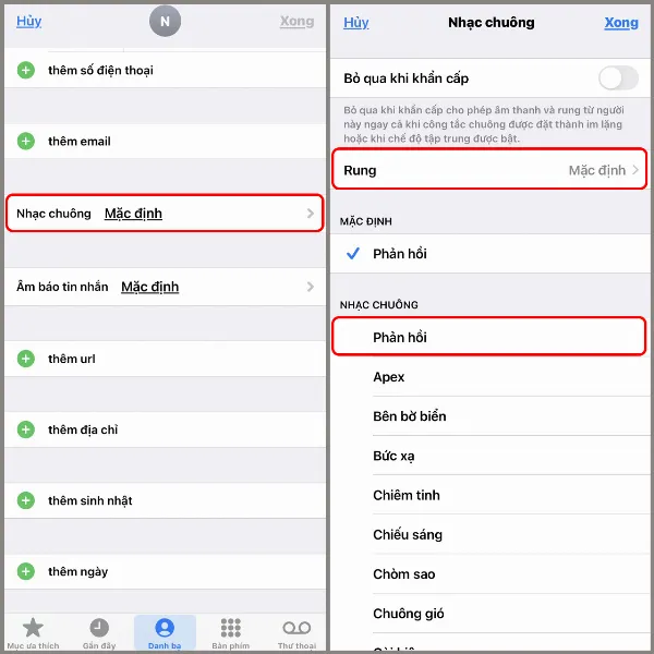 Thay đổi nhạc chuông và kiểu rung cho từng liên hệ
