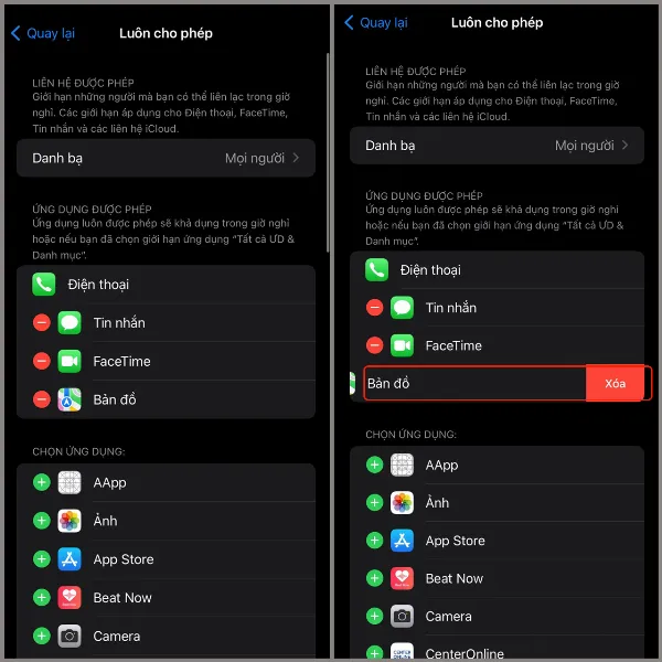 Thêm hoặc xóa ứng dụng khỏi danh sách luôn được phép trên iPhone