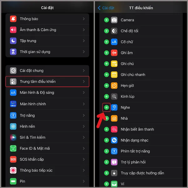 Thêm phím tắt Nghe vào Trung tâm điều khiển
