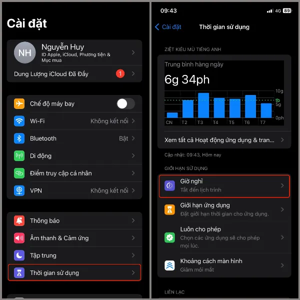 Thiết lập giờ nghỉ trên iPhone