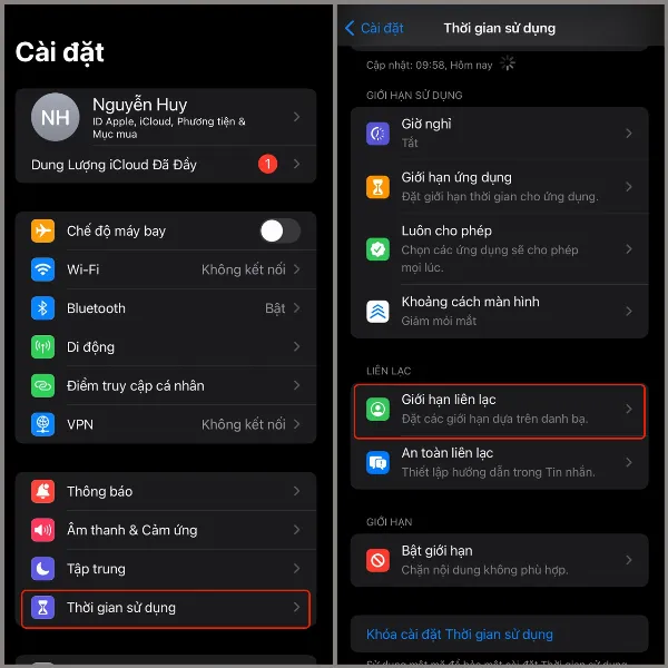 Thiết lập giới hạn liên lạc trên iPhone