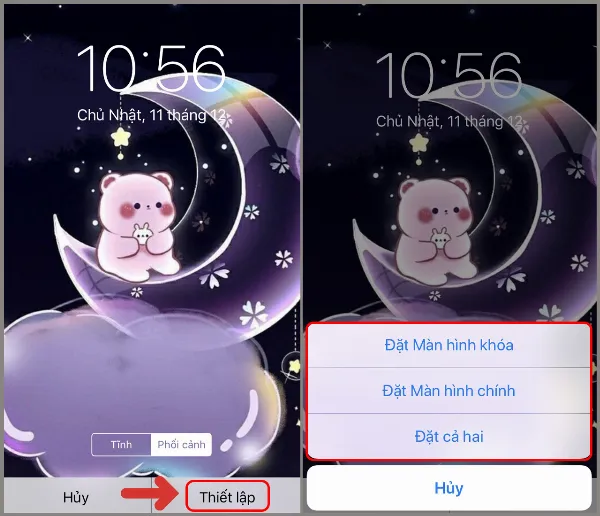 Thiết lập hình nền vừa chọn cho màn hình khóa, màn hình chính hoặc cả hai trên iPhone