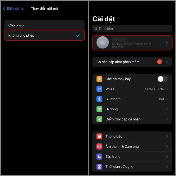 Thiết lập không cho phép thay đổi
