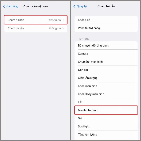 Thiết lập thao tác chạm hai lần và chọn Màn hình chính