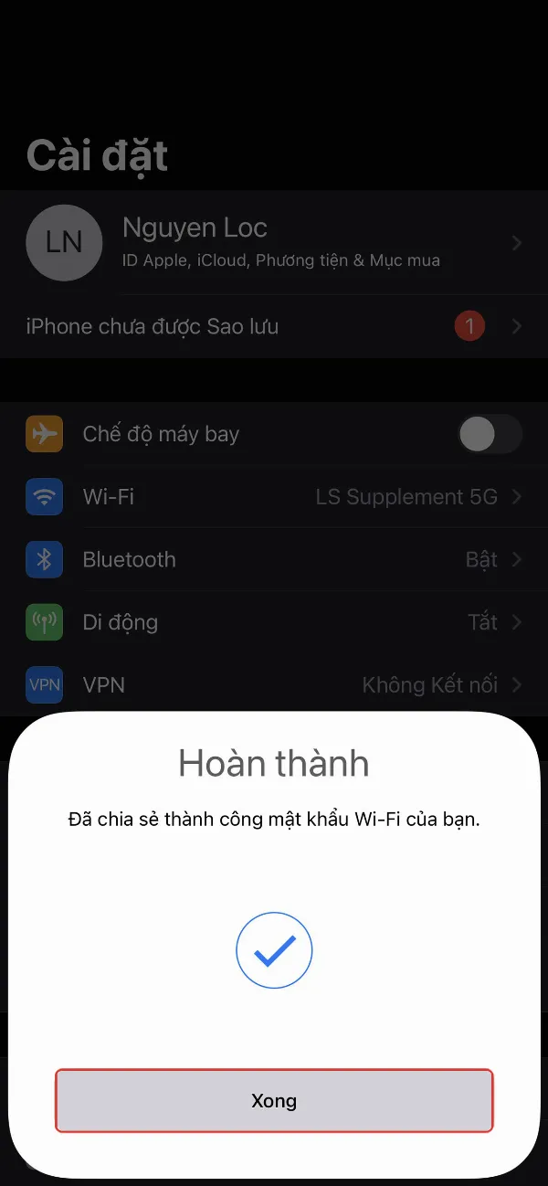 Thông báo chia sẻ WiFi thành công