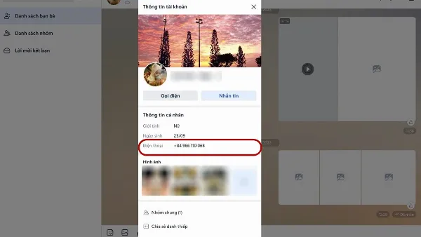 Thông tin cá nhân trên Zalo máy tính