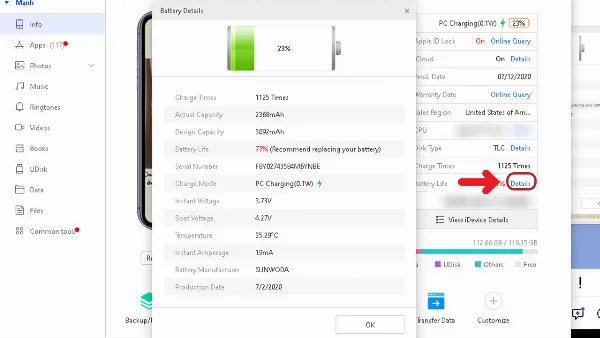 Thông tin chi tiết về pin iPhone hiển thị trong 3uTools, bao gồm dung lượng thiết kế, dung lượng thực tế và nhiệt độ