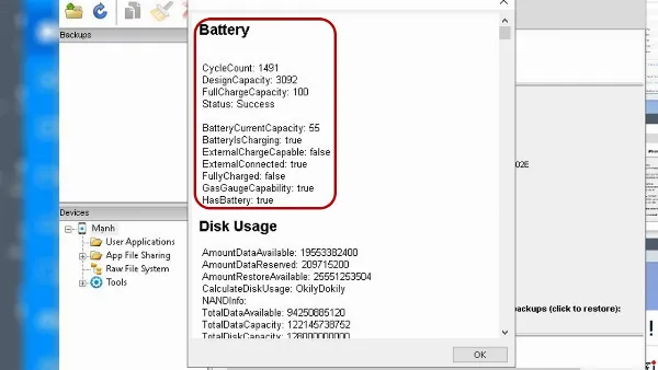 Thông tin pin trên iBackupBot