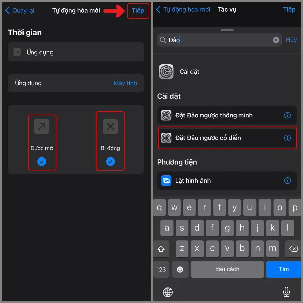 Tích chọn Được mở và Bị đóng, nhấn Tiếp, tìm và chọn Đặt đảo ngược cổ điển