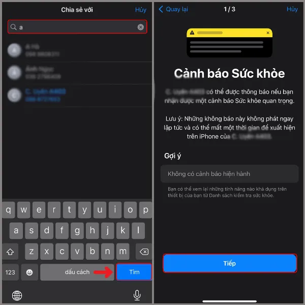 Tìm kiếm người nhận dữ liệu sức khỏe bằng số điện thoại hoặc ID Apple