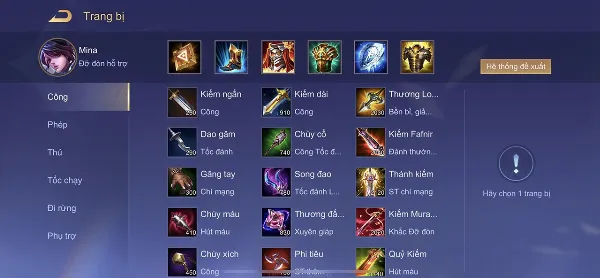 Trang bị cần thiết cho tướng Mina