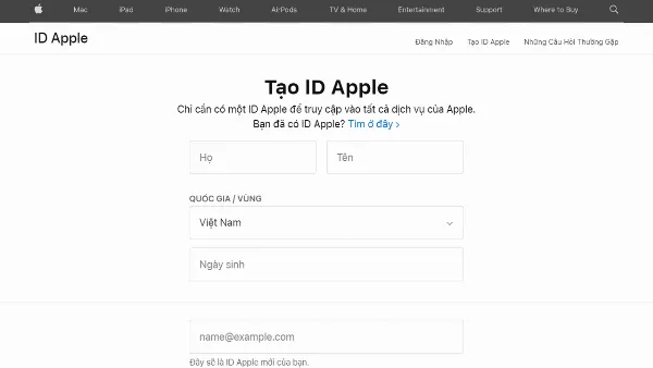 Trang web tạo tài khoản Apple ID