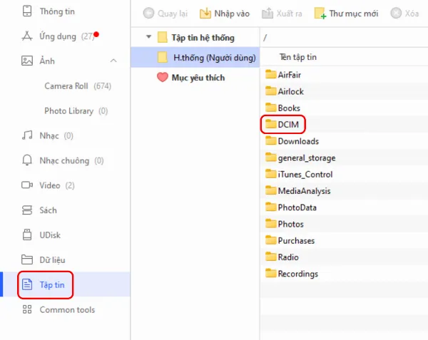 Trong phần mềm 3uTools, người dùng đang chọn mục Tập tin và sau đó là DCIM để truy cập dữ liệu ảnh trên iPhone