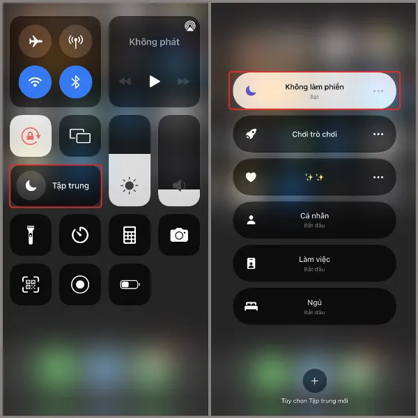 Trung tâm điều khiển trên iPhone hiển thị nút bật chế độ Không làm phiền