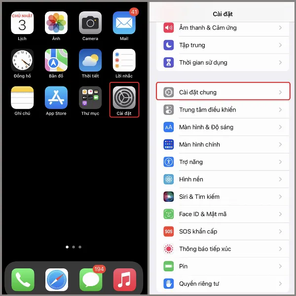 truy cập cài đặt chung trên iphone