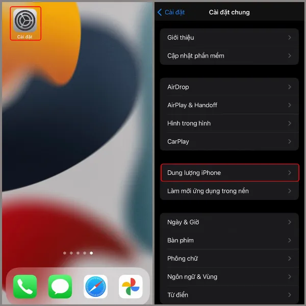 Truy cập phần Dung lượng iPhone trong Cài đặt chung