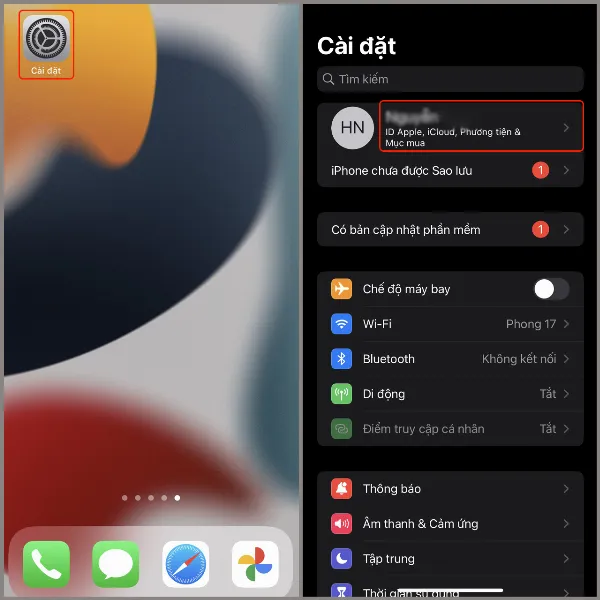 Truy cập thông tin tài khoản Apple ID trong phần cài đặt