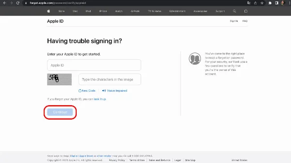 Truy cập trang web Apple, nhập Apple ID, mã captcha và nhấn Tiếp tục.