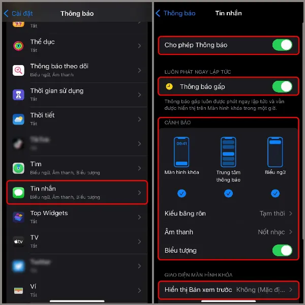 Tùy chỉnh chi tiết thông báo tin nhắn