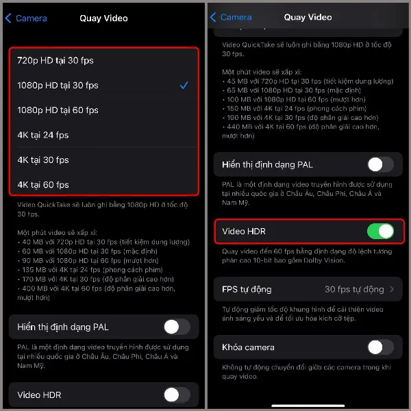 Tùy chỉnh độ phân giải và tốc độ khung hình quay video trên iPhone